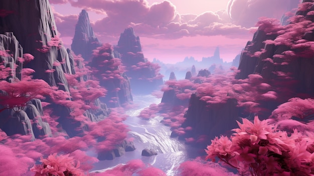 Paisaje magenta con naturaleza de fantasía.