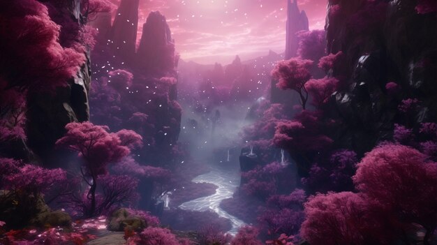 Paisaje magenta con naturaleza de fantasía.