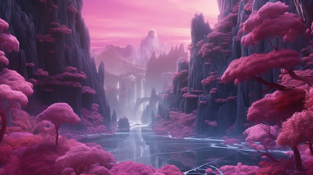 Paisaje magenta con naturaleza de fantasía.