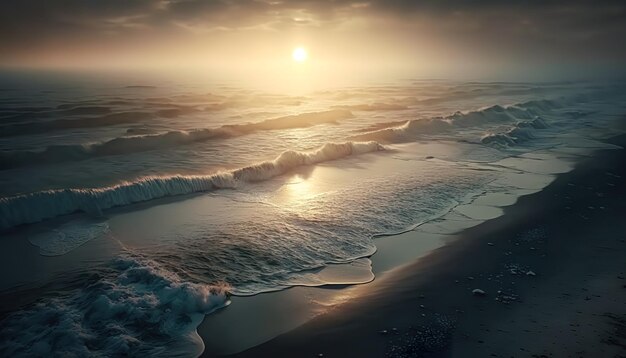 Paisaje marino sombrío con olas texturizadas y sol naciente