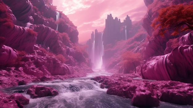 Paisaje místico magenta con la naturaleza.