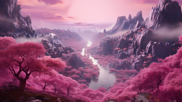 Paisaje místico magenta con la naturaleza.