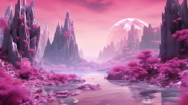 Paisaje místico magenta con la naturaleza.