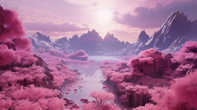 Paisaje místico magenta con la naturaleza.