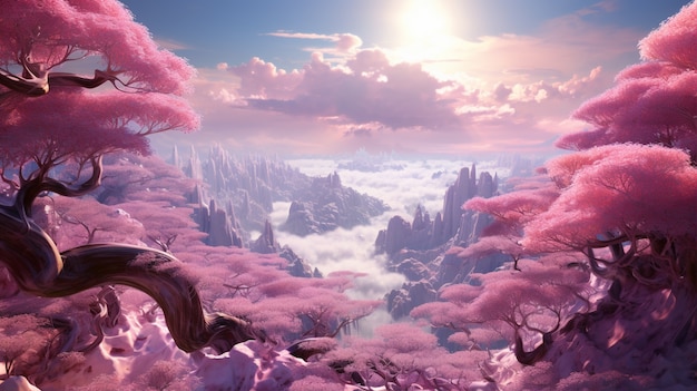 Paisaje místico magenta con la naturaleza.