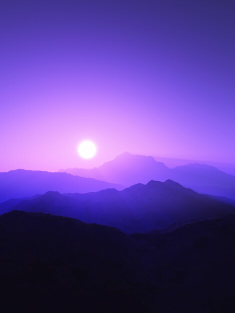Paisaje de montaña 3D al atardecer