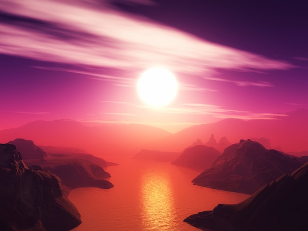 Paisaje de montaña en 3D contra un cielo al atardecer