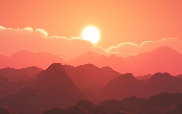 Paisaje de montaña 3D contra el cielo del atardecer