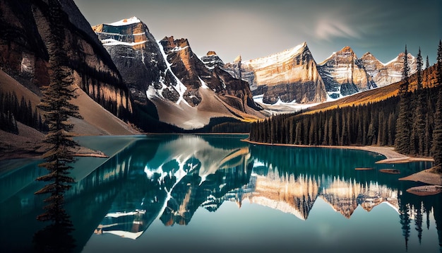 Foto gratuita paisaje de montaña aguas tranquilas majestuosos picos rocosos generados por ia