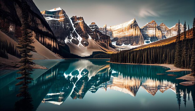 Paisaje de montaña aguas tranquilas majestuosos picos rocosos generados por IA