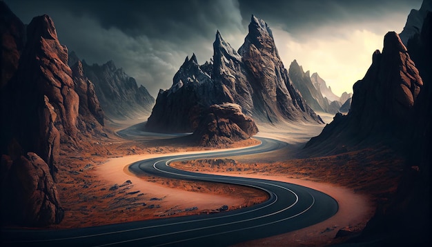 Paisaje de montaña al anochecer curvas de asfalto por delante IA generativa de conducción aventurera