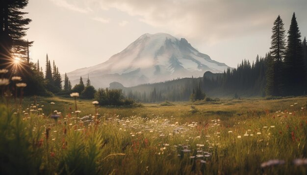 Un paisaje con una montaña al fondo.