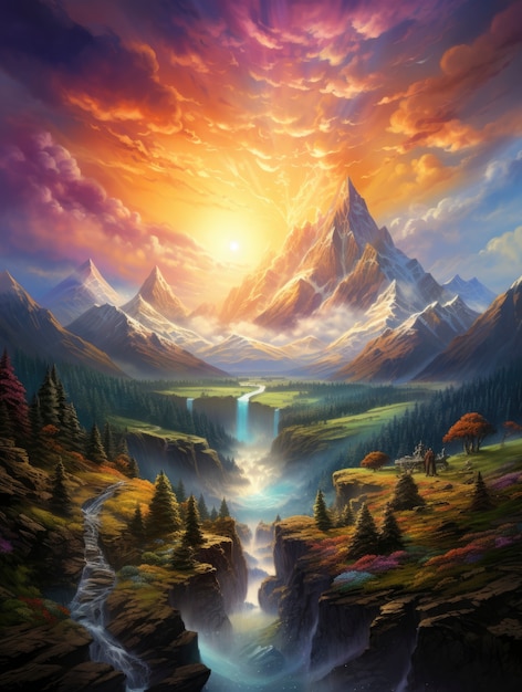 Paisaje de montaña con escena de estilo fantasía