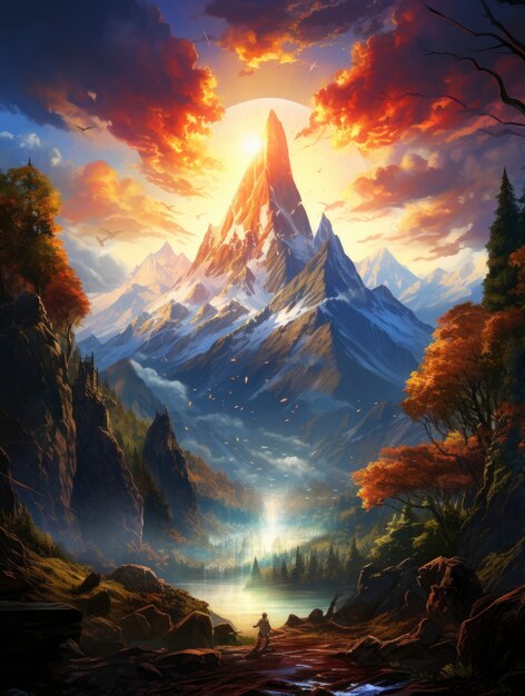 Paisaje de montaña con escena de estilo fantasía