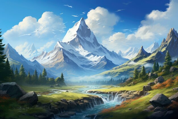 Paisaje de montaña con escena de estilo fantasía