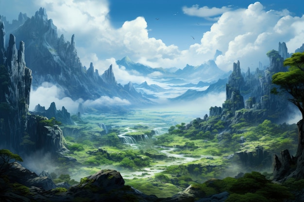 Paisaje de montaña con escena de estilo fantasía