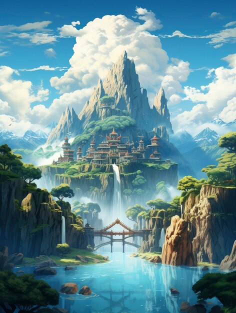 Paisaje de montaña con escena de estilo fantasía