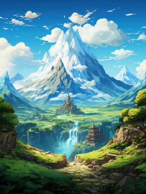 Paisaje de montaña con escena de estilo fantasía