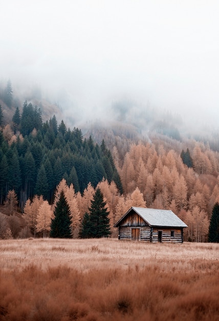 Paisaje de montaña frío con cabaña