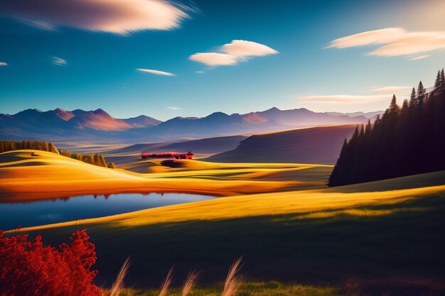 Un paisaje de montaña con un lago y montañas al fondo.