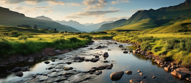 Foto gratuita paisaje de montaña con un pequeño río en primer plano.