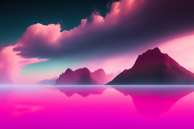 Foto gratuita un paisaje de montaña rosa con un cielo rosa y nubes.