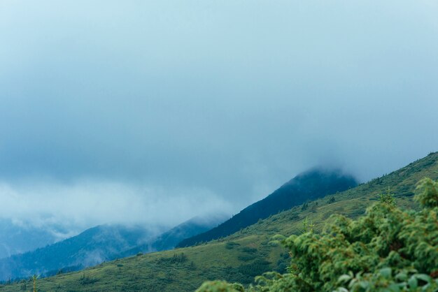 Paisaje de montaña verde contra el cielo nublado