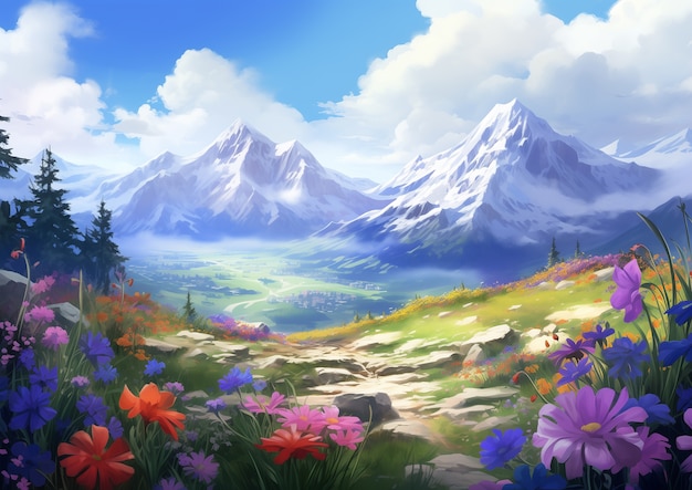 Foto gratuita paisaje de montañas al estilo de anime