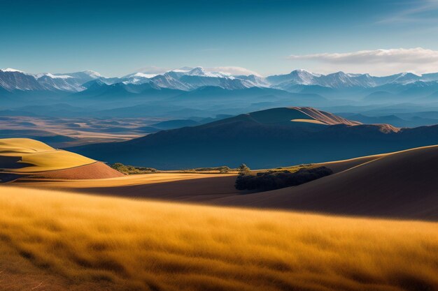 Un paisaje con montañas y un cielo azul.