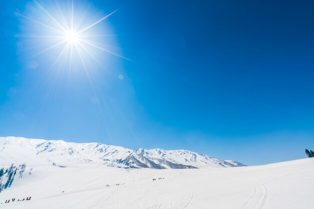 Paisaje de las montañas cubiertas de nieve hermoso estado de Cachemira, la India.