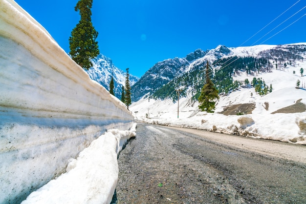 Paisaje de las montañas cubiertas de nieve hermoso estado de Cachemira, la India.