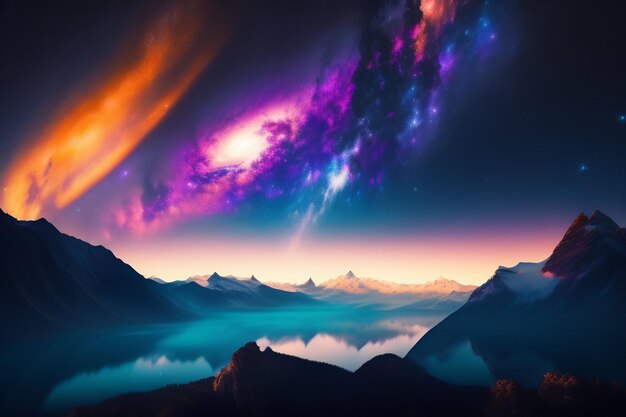 Un paisaje con montañas y una galaxia en el cielo.