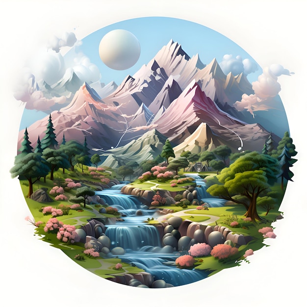 Foto gratuita paisaje con montañas y río pintura digital ilustración vectorial