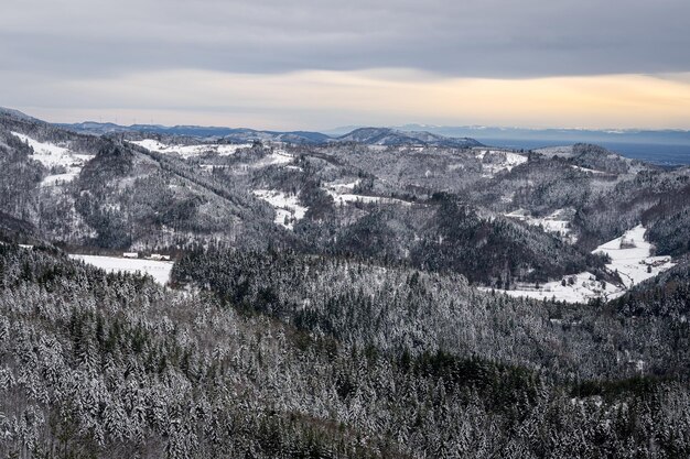 Paisaje de las montañas de la Selva Negra cubiertas de nieve durante el amanecer en Alemania