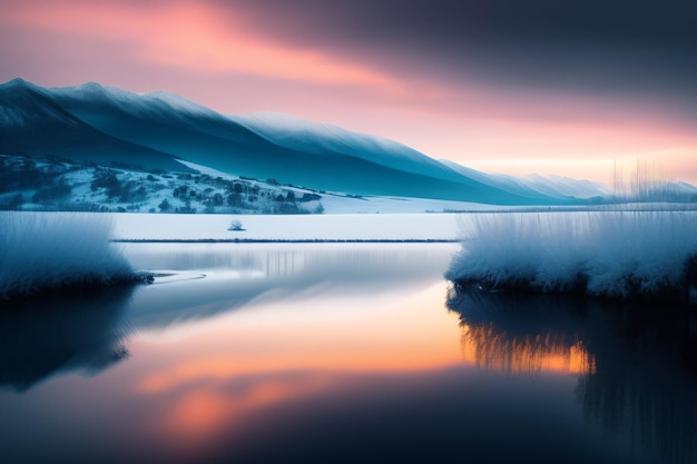 Foto gratuita un paisaje montañoso nevado con un lago y un cielo rosa