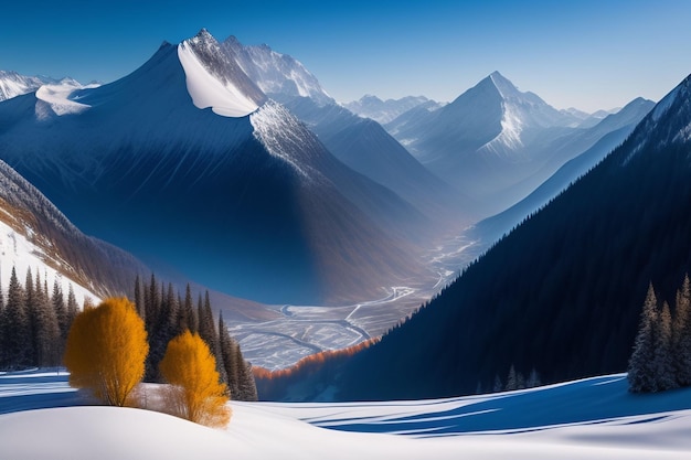 Un paisaje montañoso nevado con una montaña y un cielo azul