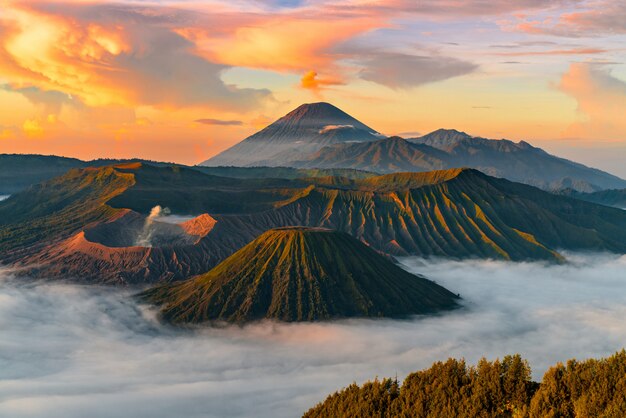 Paisaje montañoso con niebla