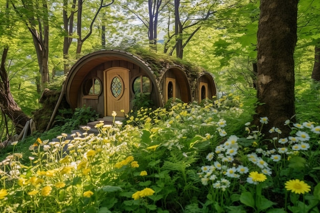 Paisaje natural con vegetación y casa estilo cabaña.