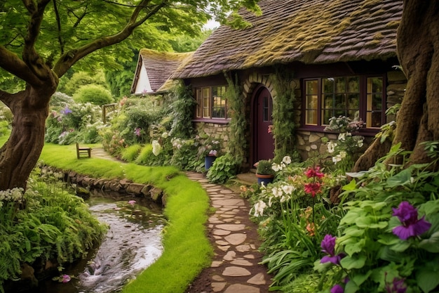 Paisaje natural con vegetación y casa estilo cabaña.