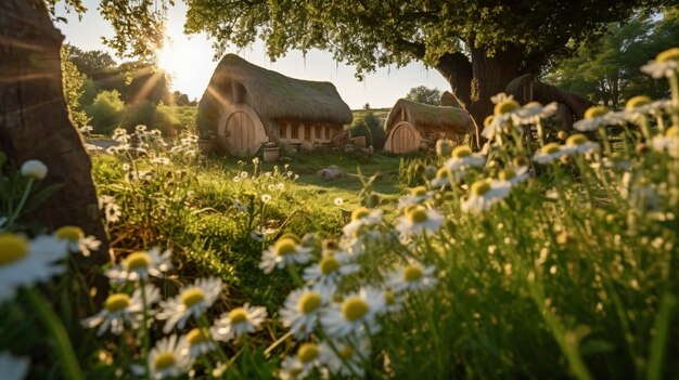 Paisaje natural con vegetación y casa estilo cabaña.