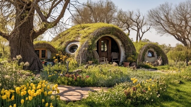 Paisaje natural con vegetación y casa estilo cabaña.