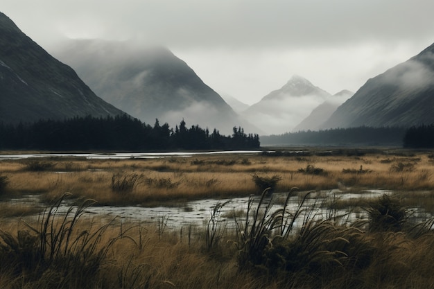 Paisaje de naturaleza montañosa con río.