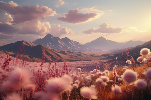 Paisaje de naturaleza rosa con vegetación.