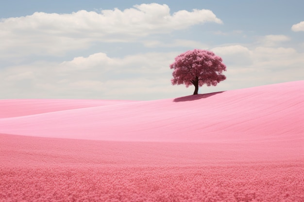 Paisaje de naturaleza rosa con vista al árbol y al campo.