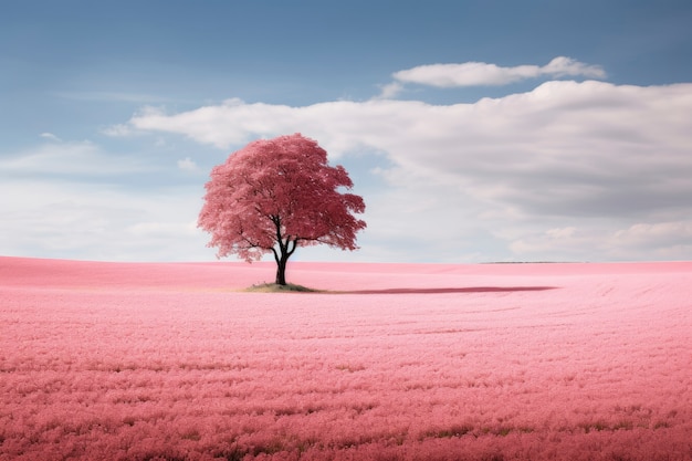 Paisaje de naturaleza rosa con vista al árbol y al campo.