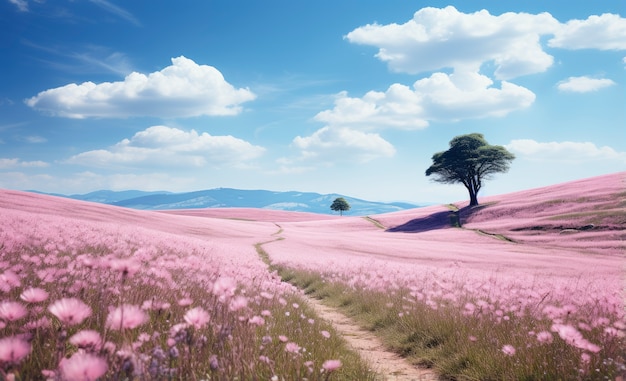 Paisaje de naturaleza rosa con vista al árbol y al campo.