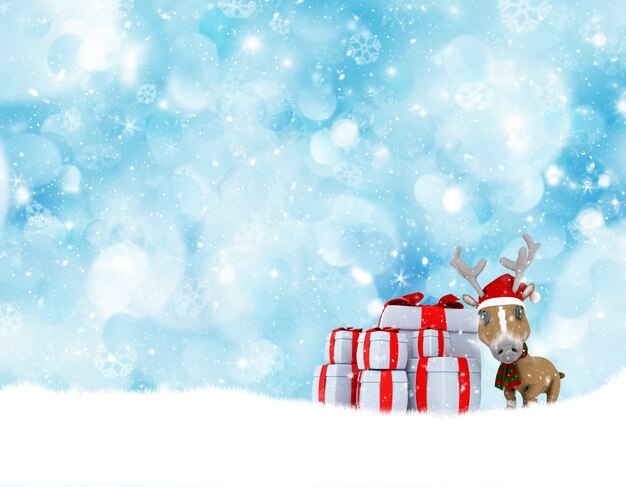 Paisaje navideño con lindos renos y pila de regalos.