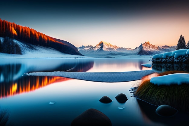 Foto gratuita un paisaje nevado con montañas y un lago con nieve en el suelo