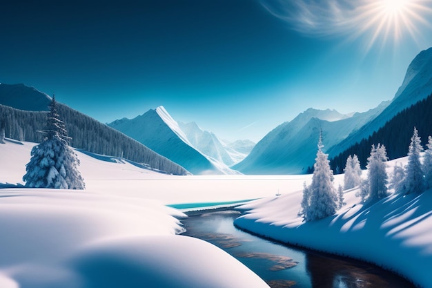 Un paisaje nevado con un río y montañas al fondo