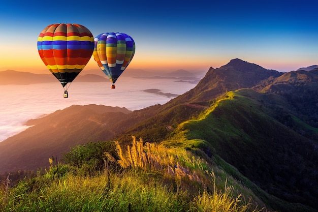 Paisaje de niebla matutina y montañas con globos aerostáticos al amanecer.